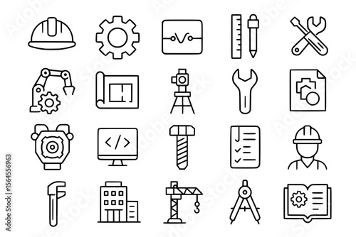 Engineering and Construction Icon Set - Industrial Tools, Blueprint, Manufacturing, Technical Vector Icons