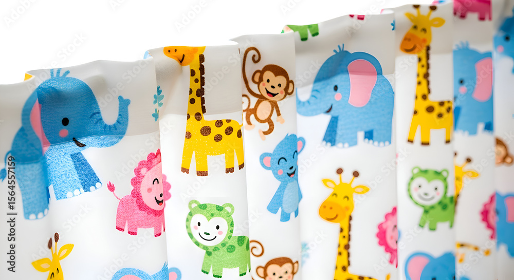 Fototapeta premium Close-up Shows Cartoon Animals Pattern on Fabric, Featuring Giraffe, Elephant, Monkey