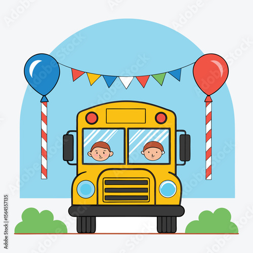 Happy children riding a yellow school bus decorated with balloons and flags