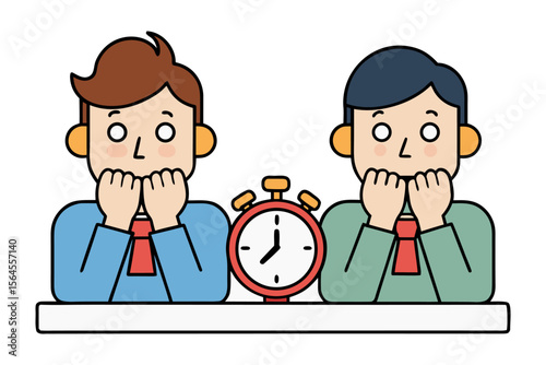 Two cartoon people anxiously waiting next to a stopwatch representing the concept of time pressure and anticipation