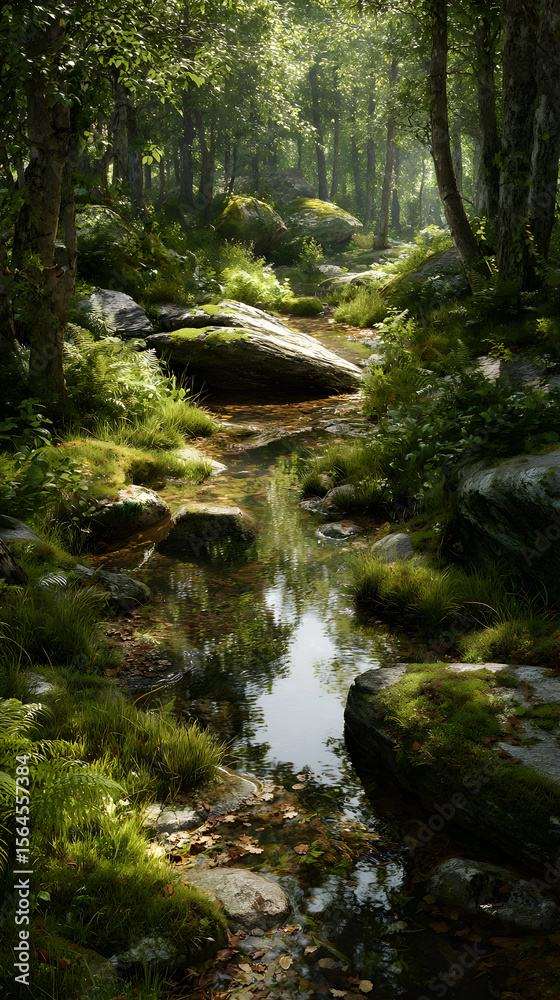 Fototapeta premium Whispering Waters: A Tranquil Stream Meanders Through an Enchanted Forest