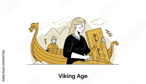 Female Viking carrying a wooden plank on a longship in a mountain landscape. Historical figure in Viking Age, posing with a piece of wood, and displaying the work of a tribal member in the Viking era.
