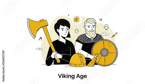 Female and male historical figures in Viking-age attire holding weaponry and shields in a historical setting. Warriors displaying Viking-age artifacts in a museum or historical display.