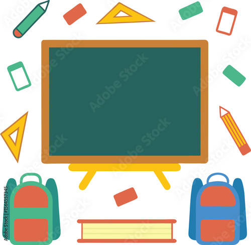 School supplies arranged around a blackboard on an easel with backpacks and a book