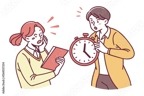 Surprised students react to a ticking stopwatch and a book indicating a sudden realization of time constraints or an upcoming deadline
