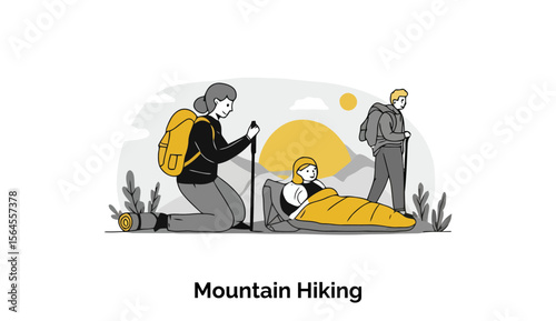 A group of adults and a child on a mountain hiking adventure, dressed in hiking gear, with backpacks and trekking poles, resting and moving through a mountainous landscape.