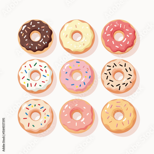 Pastel donuts flat illustration on bright backdrop, perfect for presentations needing backgrounds with copy space.
