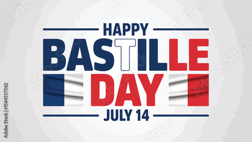 Bastille Day celebration banner with French flags and text “Happy Bastille Day July 14” in bold colors representing liberty and pride