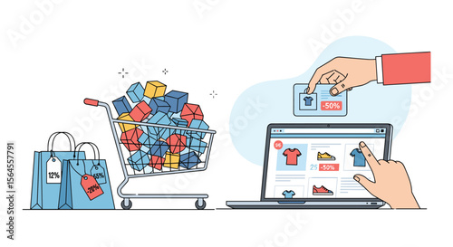 Online shopping cart full of products and customer placing order on laptop screen