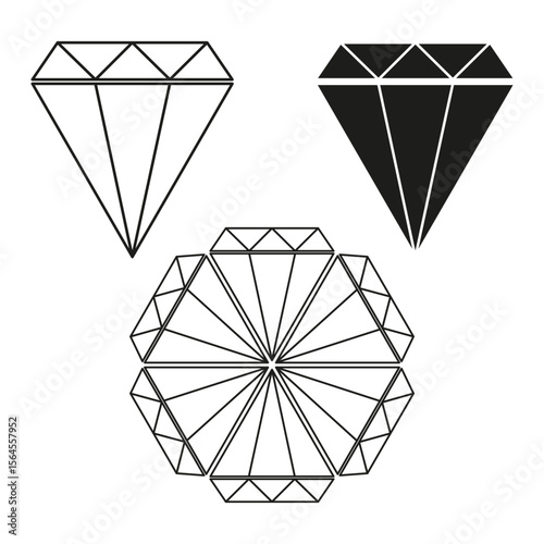 Triangular gem icon. Round faceted jewel. Radiant diamond graphic. Vector gemstone set.