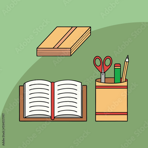 Simple cartoon illustration of school supplies including an open book scissors and pencils on a green background