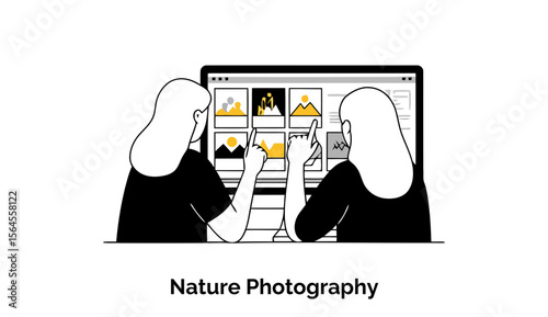 Two female professionals in black clothing are reviewing nature photographs on a computer screen in an office setting. They point at images with thoughtful expressions.