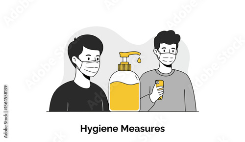Young adults wearing face masks and casual clothing, observing hygiene measures with a bottle of hand sanitizer and a smartphone in a public setting.