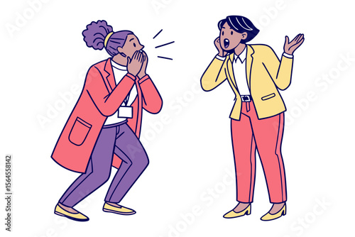 Two women in business attire express shock and surprise through gestures and open mouths conveying a moment of astonishment