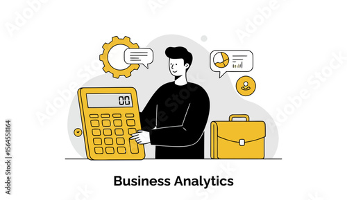Young male business analyst examining data on a calculator in a modern office setting. Concentrated focus on business analytics dashboard metrics with a briefcase nearby.
