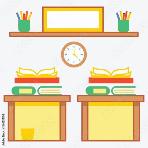 Two desks with books and supplies under a shelf with a clock