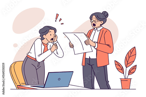 Two colleagues react with surprise and amazement while reviewing a document in an office setting with a laptop and plant