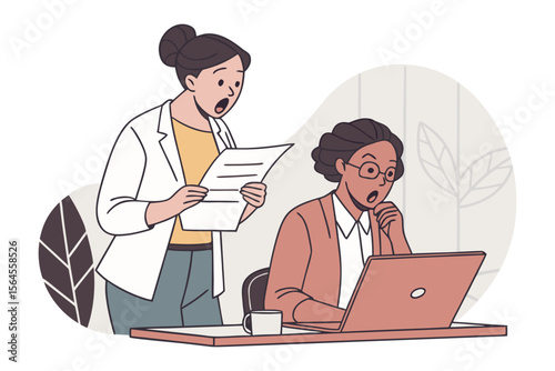 Two women reacting with shock and surprise to information being presented on a document and a laptop screen in an office setting