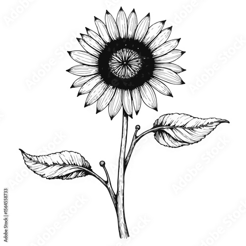 Sunflower ink drawing with botanical details like leaves and stem. Sunflower sketched with intricate shading for a realistic feel. Ornamental sunflower ink drawing for creative projects.