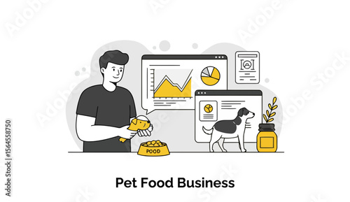Young adult male analyzing pet food business metrics at a home office. He is examining data on a computer, holding a puppy figurine and looking at dog food.