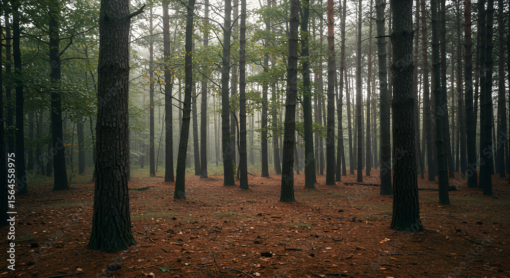 Fototapeta premium Misty forest of tall pines