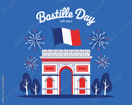bastille day celebration illustration featuring fireworks, arc de triomphe, french flag and parisian skyline on festive background