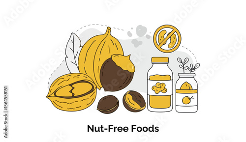Nut-Free Foods graphic featuring various healthy alternatives to nuts in a simple illustration style.
