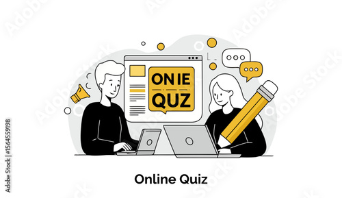 Young adults in casual clothing engaged in online quiz activity at a digital workspace. Two students actively participate in an online quiz session, using laptops in a modern, collaborative setting.