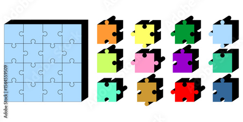 Block jigsaw puzzle vector, representing problem-solving, teamwork, and finding solutions. Ideal for business concepts, educational materials, or illustrating interconnected ideas.
