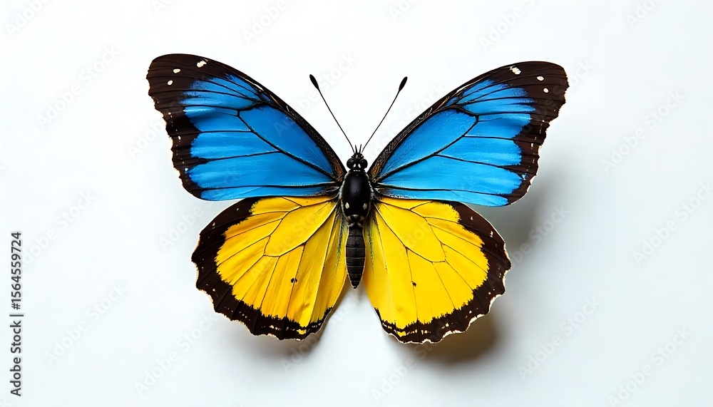 Fototapeta premium Butterfly with Ukrainian Flag Colors on White Background – Emblem of Freedom and HopeSymbolic Ukrainian Flag Butterfly on Clean White Canvas – Representing Resilience and PeaceMinimalist Concept o