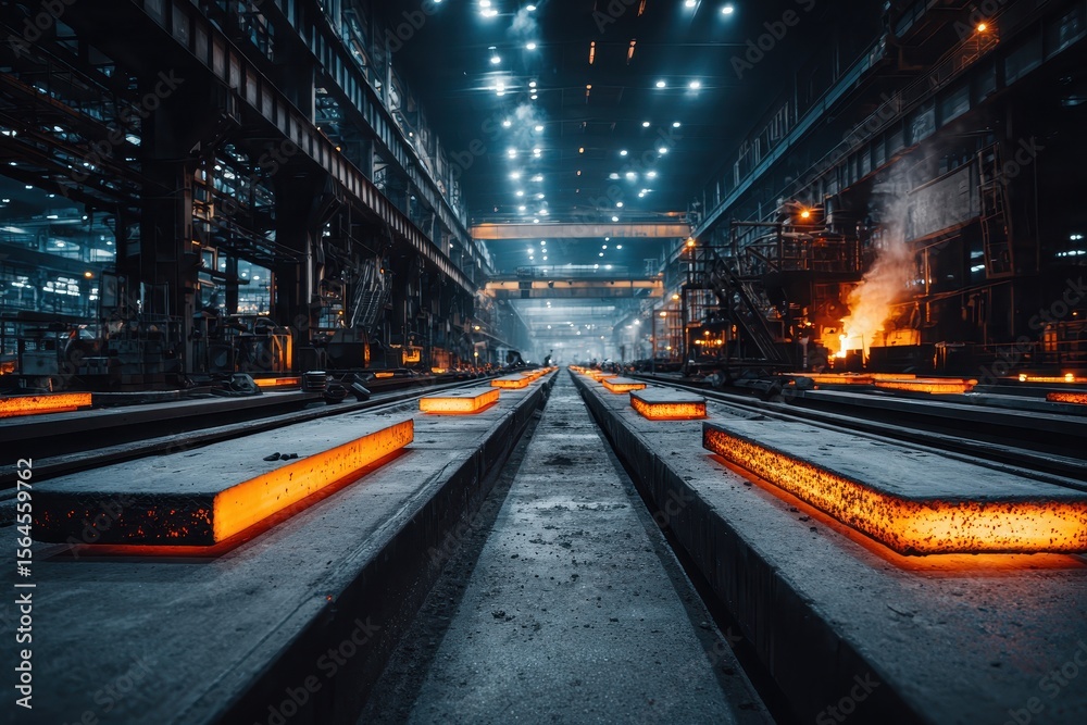 Fototapeta premium Steel factory with hot metal billets on conveyor rollers. Use for industry, heavy manufacturing, and industrial progress.
