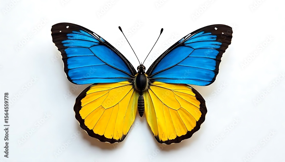 Obraz premium Butterfly with Ukrainian Flag Colors on White Background – Emblem of Freedom and HopeSymbolic Ukrainian Flag Butterfly on Clean White Canvas – Representing Resilience and PeaceMinimalist Concept o