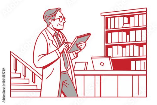 Smiling scientist in lab coat using a tablet near a bookshelf and stairs representing research and knowledge acquisition