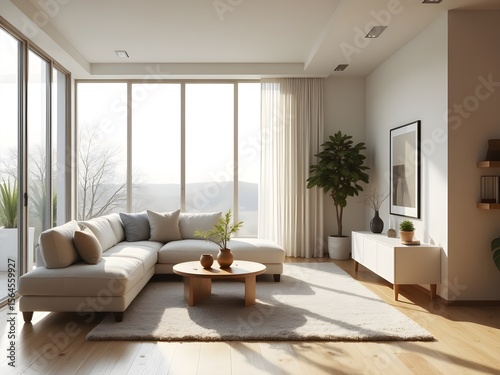 Contemporary Living Room with Floor-to-Ceiling Windows and Light Decor – AI Generated