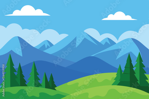 Serene Mountain Landscape Blue Peaks and Green Valley Illustration