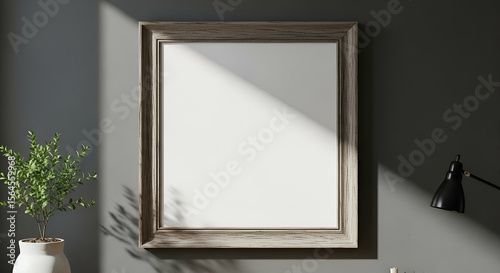 A blank picture frame hangs on a gray wall, illuminated by sunlight, with a plant and lamp nearby.
