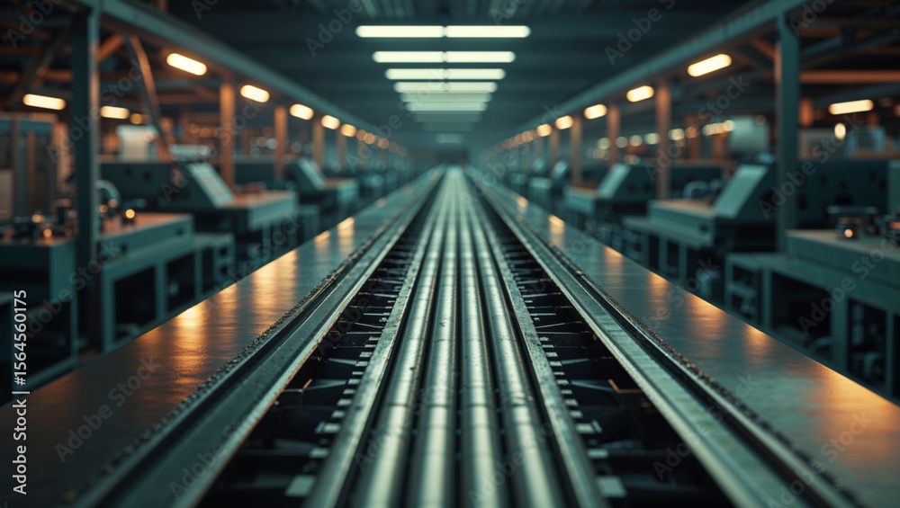 Fototapeta premium An industrial conveyor belt stretches down a long factory with symmetrical lighting.