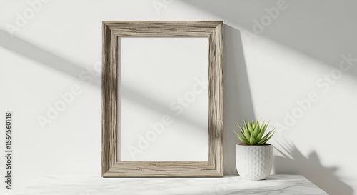 A blank wooden frame stands on a surface next to a small potted succulent plant, bathed in sunlight against a white wall.