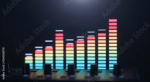 Colorful audio equalizer bars on a dark background, showing various frequencies and levels.