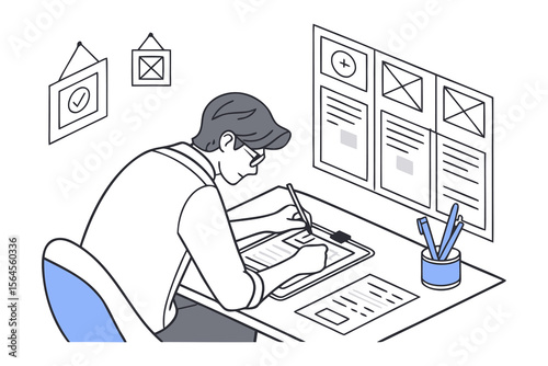 Designer working diligently at a desk reviewing wireframes and documents with a focus on user interface and user experience