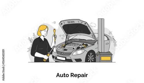 Female auto mechanic inspecting a car engine with hood open in a repair shop. Young woman working on a gray car in a garage setting.