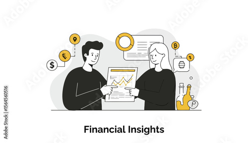 Young professionals in casual clothing reviewing financial data in an office setting. Two business analysts examining a document with financial insights at a modern office.