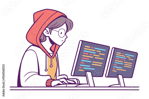 Creative coder with glasses and a hoodie intently typing on a keyboard in front of two monitors displaying code