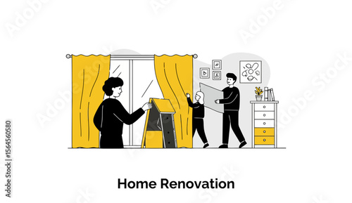 Family engaged in home renovation project in a stylish interior setting. Three individuals, working collaboratively, move and install items in a room with yellow curtains and modern decor.