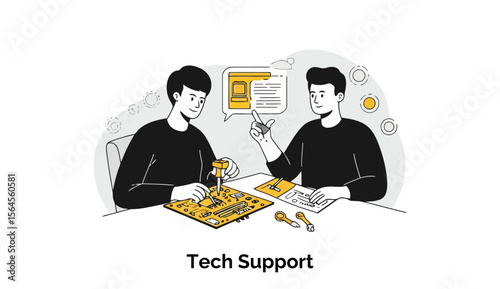 Young adult male tech support professionals collaborating on a circuit board repair in a modern office setting. Discussing troubleshooting steps with diagrams and tools at the table.