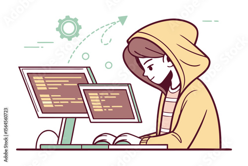 Focused young coder wearing a yellow hoodie intently working on multiple computer screens displaying lines of code