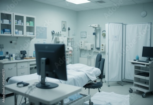 A modern clinical examination room equipped with advanced diagnostic tools and furniture