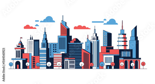 Modern cityscape skyline with colorful buildings and clouds