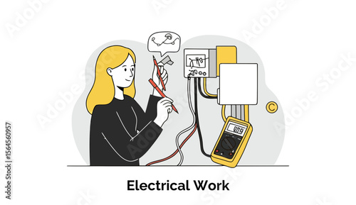 Female electrician inspecting electrical panel with diagrams in hand. Checking wiring and equipment in a residential setting. Technician performing maintenance on a house panel -