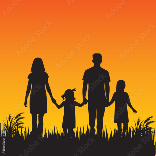 Illustration of Family Silhouettes Walking at Sunset | Stock Vector for Posters, Cards & Projects.